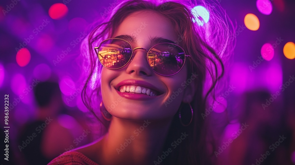 happy woman wearing sunglasses in a nightclub under pink and purple lights enjoying the party surrounded by laser lights and neon glow having fun and dancing in an exciting and vibrant night happy woman wearing sunglasses in a nightclub under pink and purple lights enjoying the party surrounded by laser lights and neon glow having fun and dancing in an exciting and vibrant night