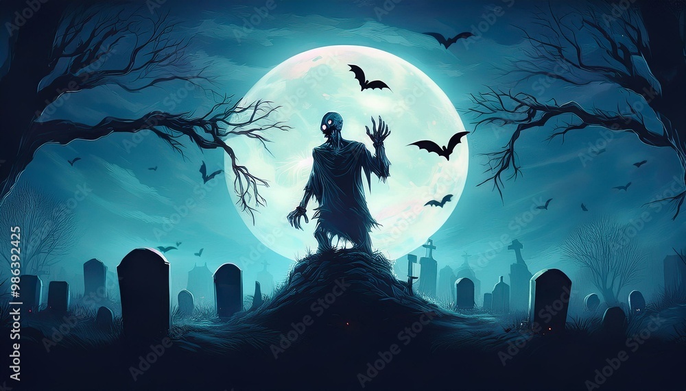 Zombie Rising Out Of A Graveyard cemetery In Spooky scary dark Night full moon bats on tree. Holiday event halloween banner background concept. Zombie Rising Out Of A Graveyard cemetery In Spooky scary dark Night full moon bats on tree. Holiday event halloween banner background concept.