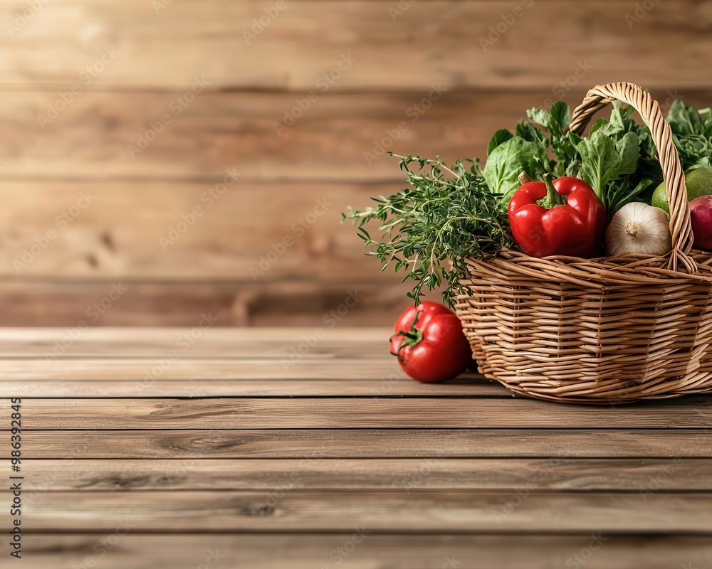 Organic food basket with fresh herbs, vegetables, and fruits on a wooden table, farm-to-table concept Organic food basket with fresh herbs, vegetables, and fruits on a wooden table, farm-to-table concept