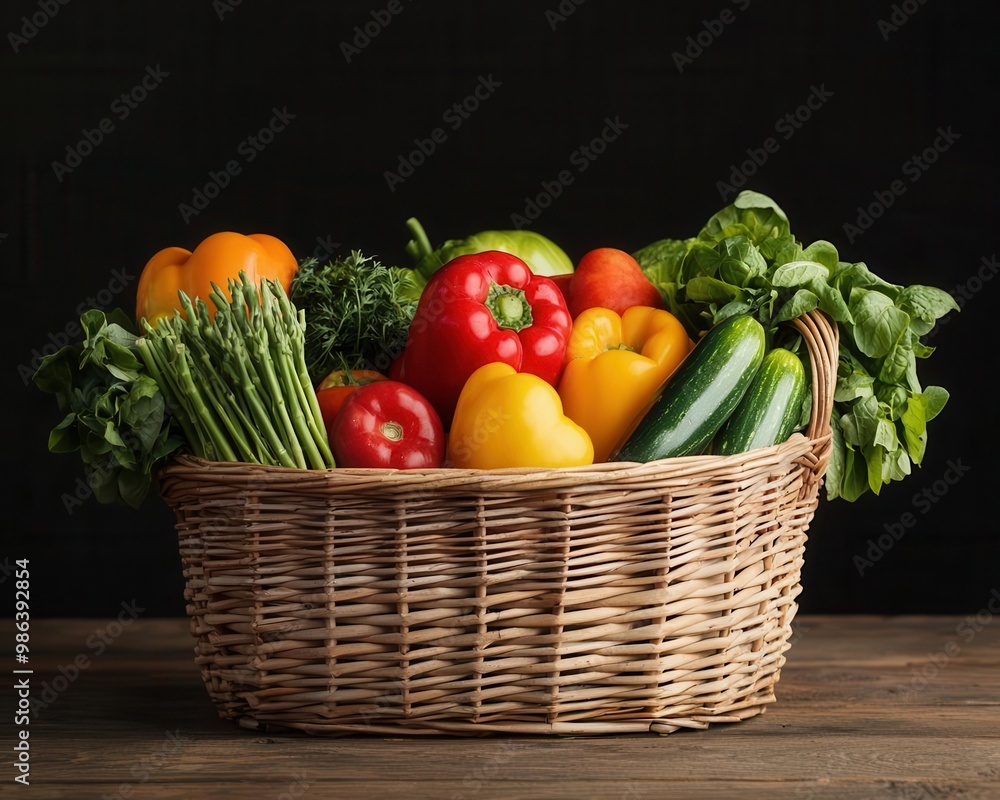 Wicker basket filled with farm-fresh, organic produce, rustic farm-to-table scene Wicker basket filled with farm-fresh, organic produce, rustic farm-to-table scene