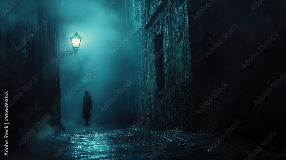 thrills drama tone Mysterious foggy alley at night with an isolated lantern illuminating a shadowy figure, evoking a sense of suspense and intrigue. thrills drama tone Mysterious foggy alley at night with an isolated lantern illuminating a shadowy figure, evoking a sense of suspense and intrigue.