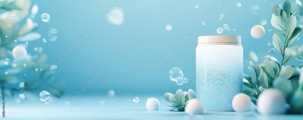 A soothing blue jar surrounded by bubbles and greenery, creating a tranquil atmosphere. A soothing blue jar surrounded by bubbles and greenery, creating a tranquil atmosphere.