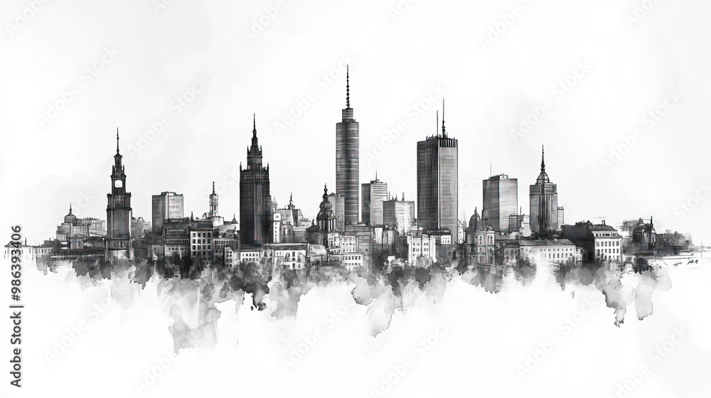Naklejka premium Radom, Poland, black and white pen pencil hand-drawn effect drawing illustration for travel poster, card, wallpaper, backdrop or banner. Modern, clear, artistic and simple