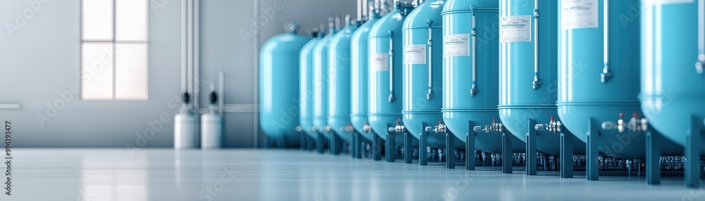 Blue gas storage tanks in a clean, spacious industrial environment. Blue gas storage tanks in a clean, spacious industrial environment.