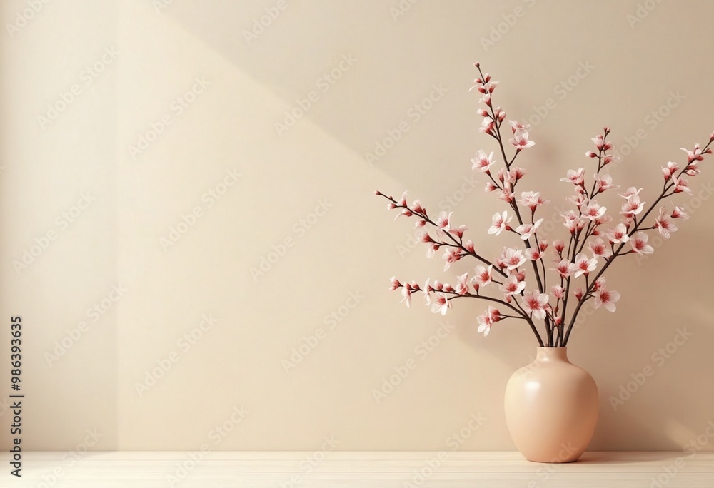 Blossom branch in clay vase near beige stucco wall background. Interior design of modern living room with copy space for text Blossom branch in clay vase near beige stucco wall background. Interior design of modern living room with copy space for text