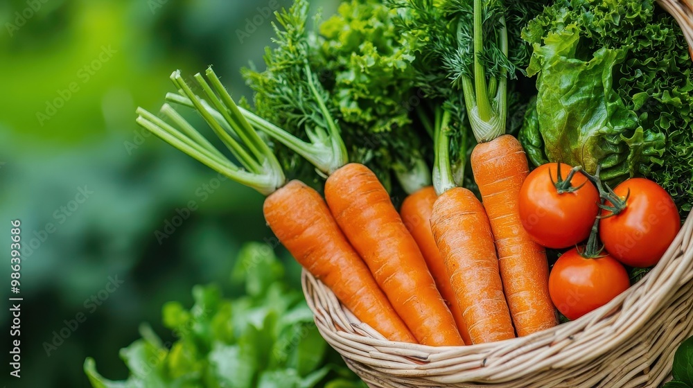 Close-up of organic carrots, lettuce, and tomatoes in a wicker basket, farm-to-table harvest