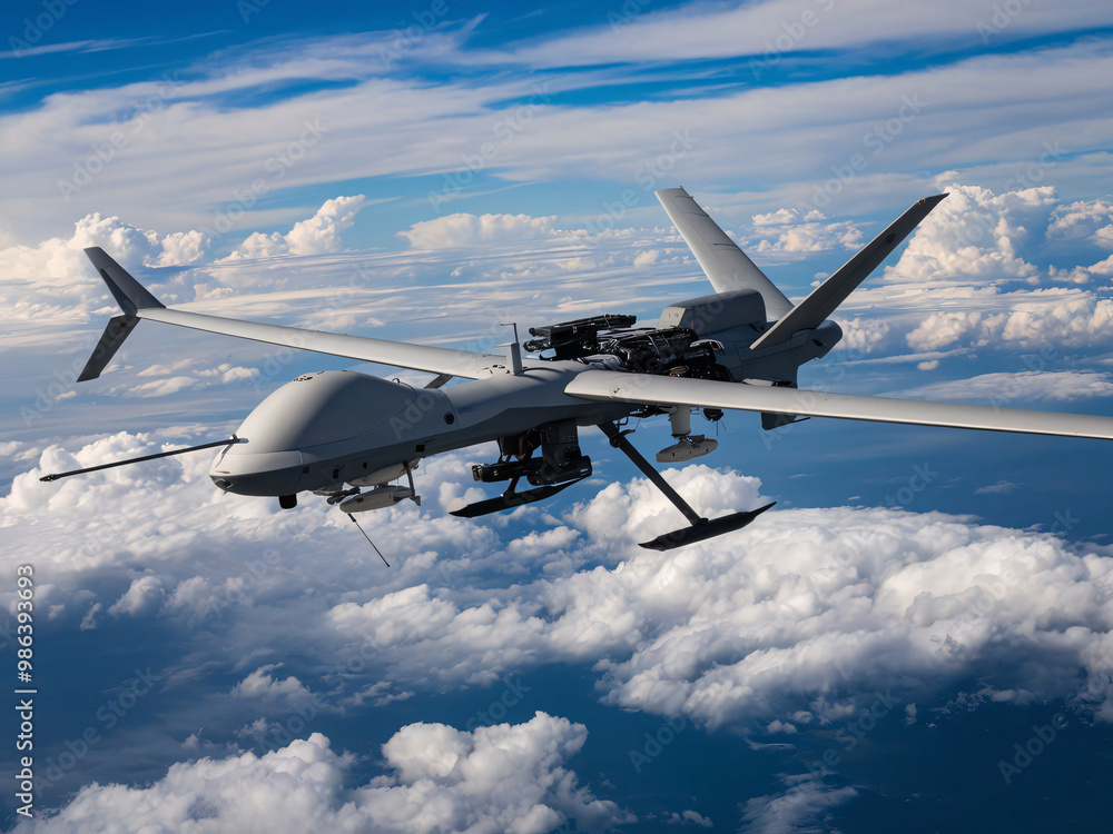 Obraz premium Military Drone Soaring Above the Clouds