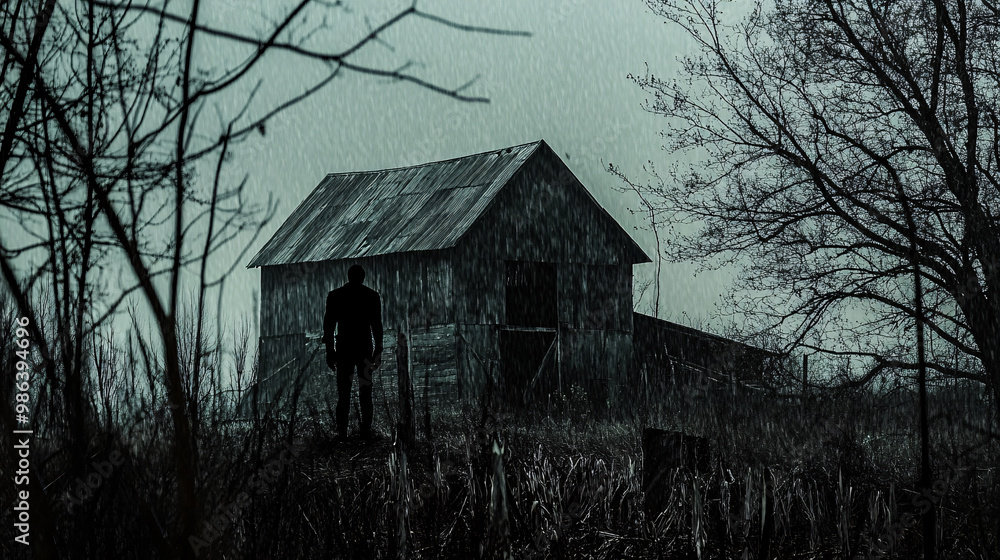Creepy figure standing near an old, abandoned barn Creepy figure standing near an old, abandoned barn
