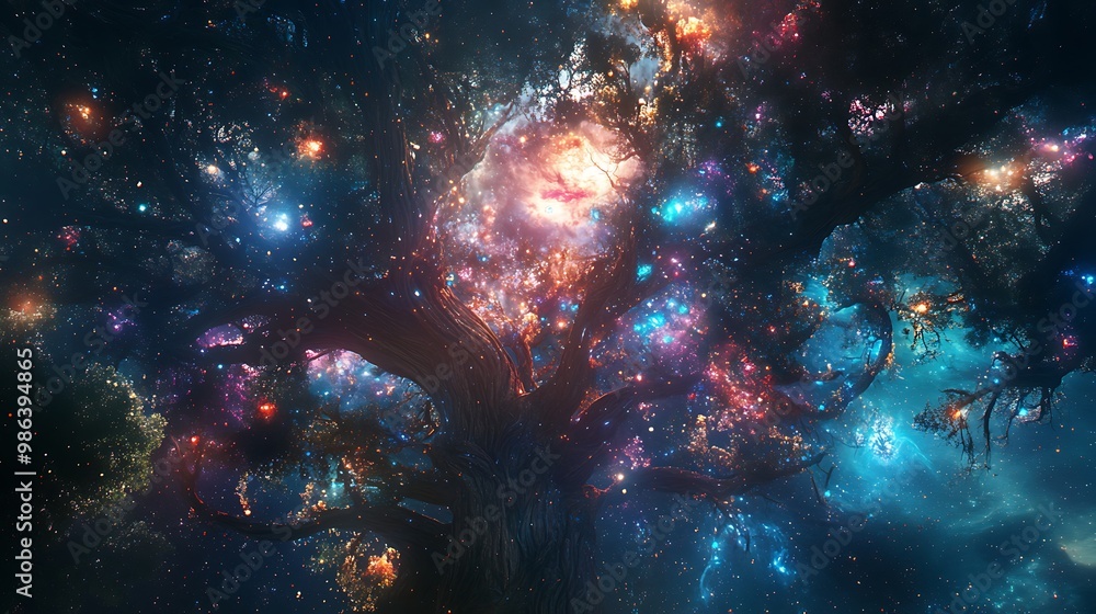 A cosmic tree surrounded by vibrant galaxies and stars, blending nature with the universe's beauty. A cosmic tree surrounded by vibrant galaxies and stars, blending nature with the universe's beauty.