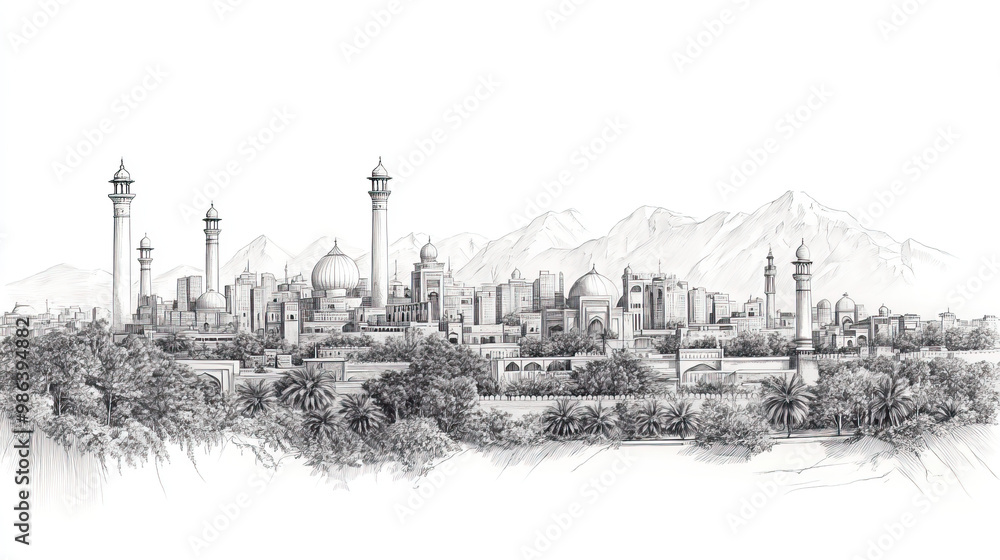 Fototapeta premium Rawalpindi, Pakistan, black and white pen pencil hand-drawn effect drawing illustration for travel poster, card, wallpaper, backdrop or banner. Modern, clear, artistic and simple