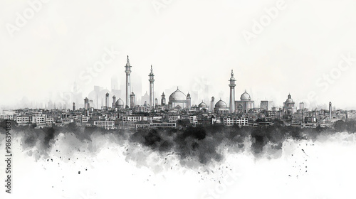 Rawalpindi, Pakistan, black and white pen pencil hand-drawn effect drawing illustration for travel poster, card, wallpaper, backdrop or banner. Modern, clear, artistic and simple