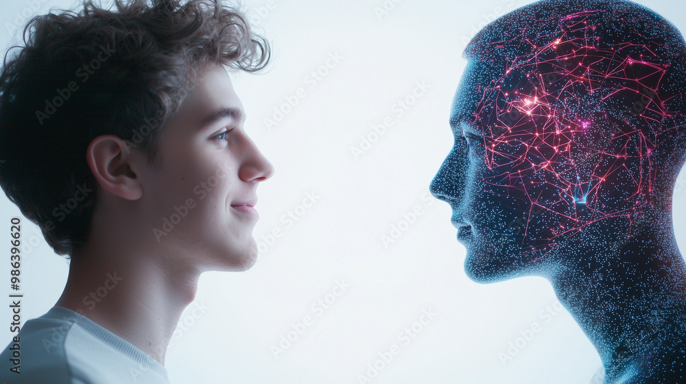 A happy young guy and a colorful virtual avatar facing each other on a white background, symbolizing the connection between humans and virtual technology. photo