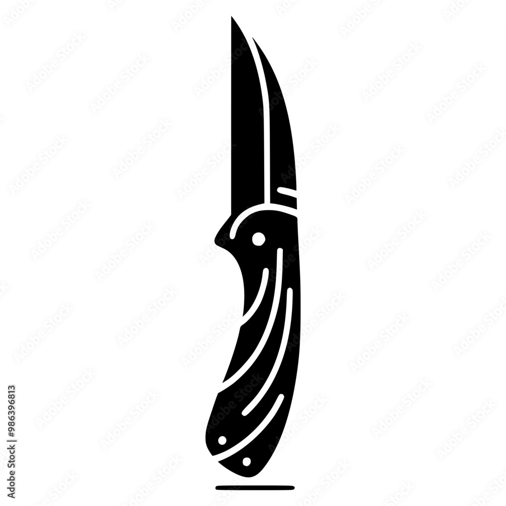 Bold black and white silhouette of a folding knife, created with minimalist lines for an abstract design. The simple yet distinct shape stands out against a plain background, embodying the essence Bold black and white silhouette of a folding knife, created with minimalist lines for an abstract design. The simple yet distinct shape stands out against a plain background, embodying the essence
