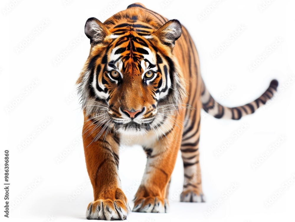 A tiger is walking on a white background A tiger is walking on a white background