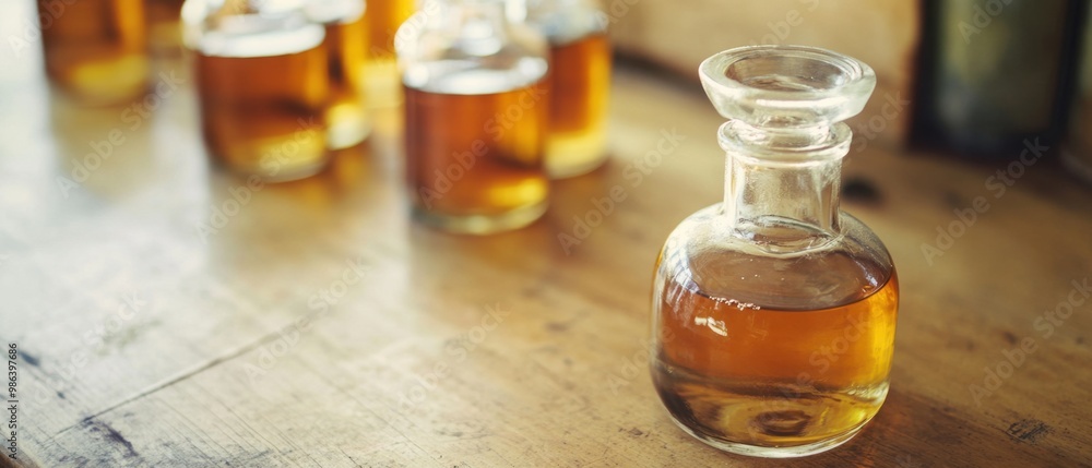 Glass decanter filled with amber liquid on a wooden table surrounded by vintage bottles in a cozy rustic setting Glass decanter filled with amber liquid on a wooden table surrounded by vintage bottles in a cozy rustic setting