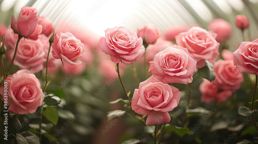 greenhouse environment nurturing a field of pink roses, emphasizing the importance of careful production and gardening techniques in horticulture greenhouse environment nurturing a field of pink roses, emphasizing the importance of careful production and gardening techniques in horticulture