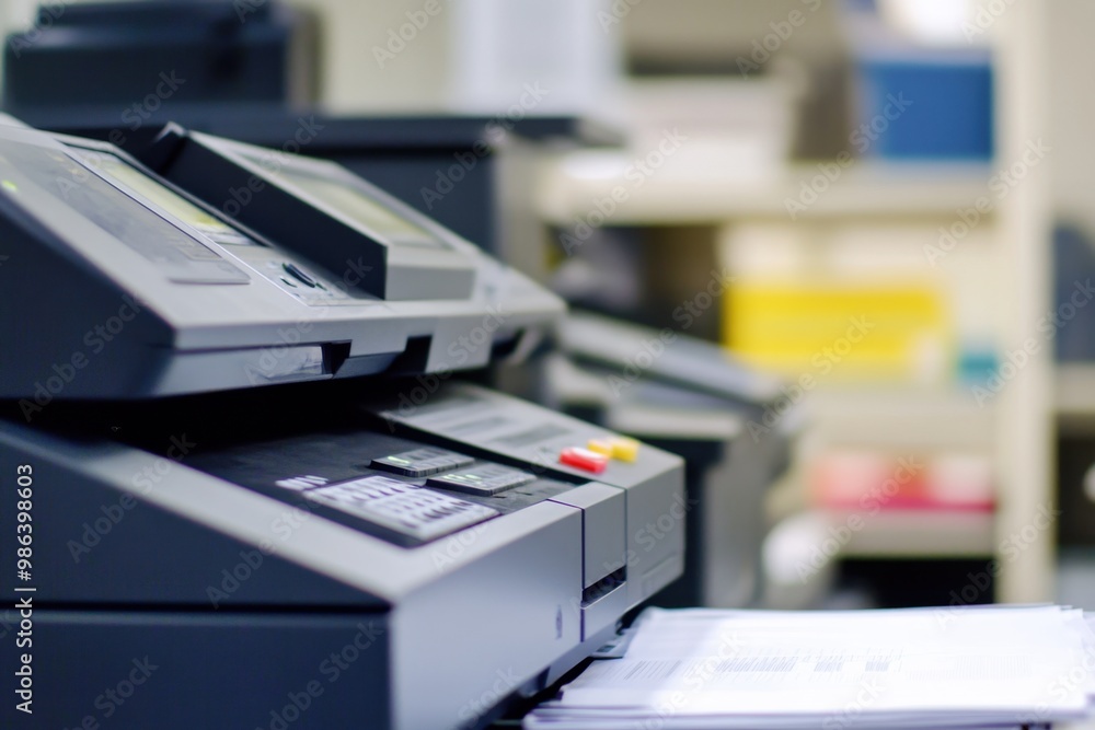 Office equipment in action with printers and papers stacked neatly in a busy workspace Office equipment in action with printers and papers stacked neatly in a busy workspace