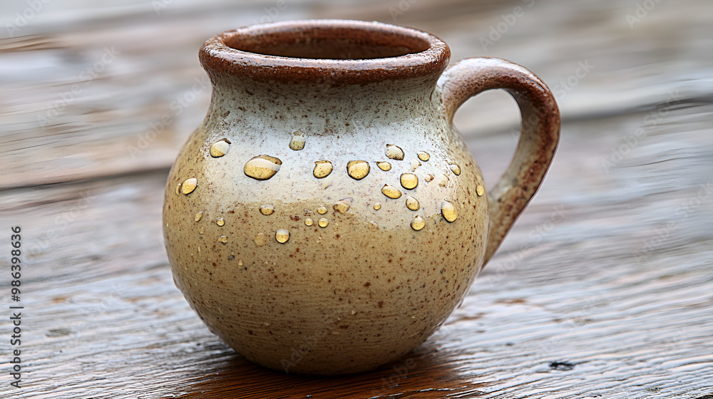 A rustic ceramic mug with water droplets sits on a wooden surface in natural light A rustic ceramic mug with water droplets sits on a wooden surface in natural light