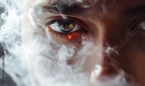 Close-up of an eye, obscured by smoke.