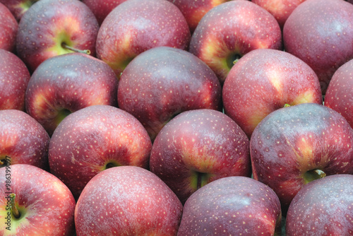 A bunch of red apples with a few green spots. The apples are shiny and look fresh. Concept of abundance and freshness