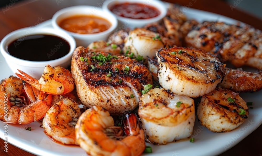 Grilled seafood platter with dipping sauces. Grilled seafood platter with dipping sauces.