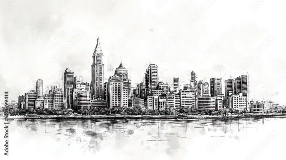 Obraz premium Rivera, Uruguay, black and white pen pencil hand-drawn effect drawing illustration for travel poster, card, wallpaper, backdrop or banner. Modern, clear, artistic and simple