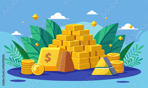 Download A Lot Of Money And Gold Bar Vector Illustration Eps File For Design.