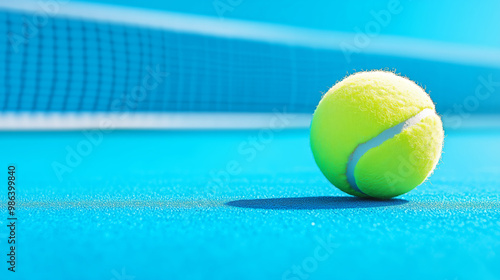 Bright yellow tennis ball rests on blue court surface under clear blue sky