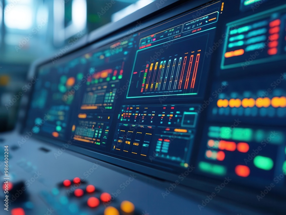 Digital interface in a factory control room, overseeing the optimization of production lines Digital interface in a factory control room, overseeing the optimization of production lines
