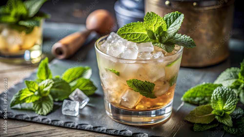 Classic mint julep with ice and fresh mint on a rustic table Classic mint julep with ice and fresh mint on a rustic table