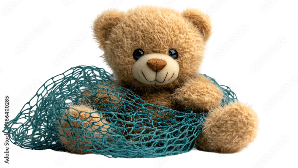 a teddy bear in a net. a teddy bear in a net.