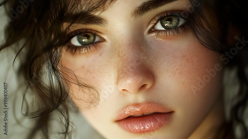 Close Up Portrait of a Woman with Green Eyes and Freckles