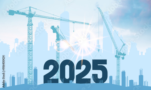 2025 New Year background vector design. Large numbers in with blue shades for New Year 2025. Construction numbers for New Year 2025. Silhouette of construction to welcome the new year.