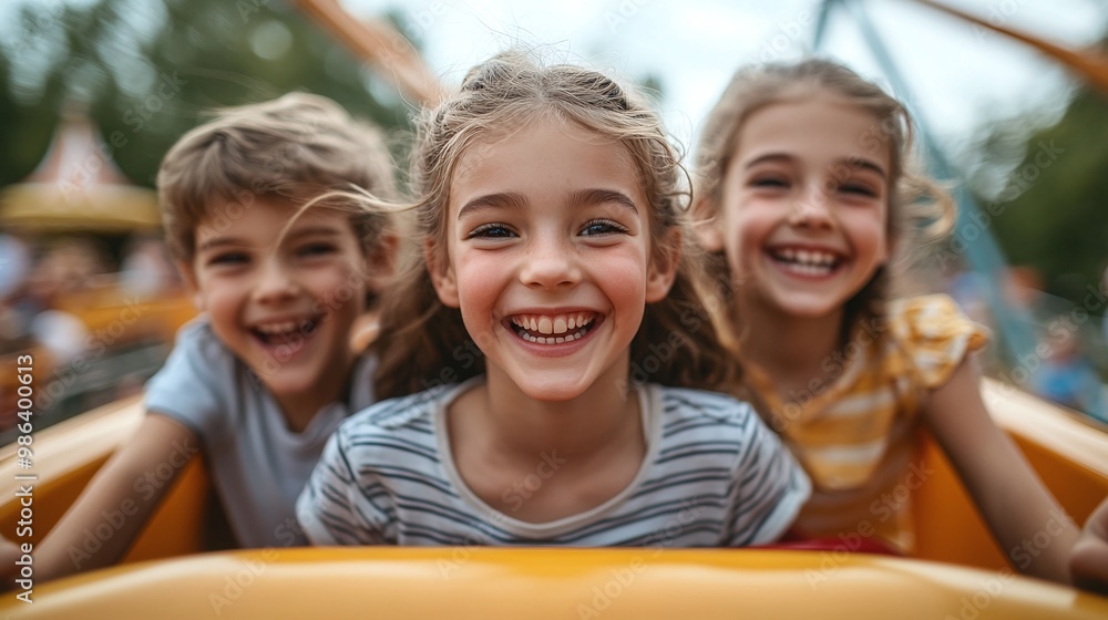 Obraz premium mother and her two children on a rollercoaster, showcasing their excitement and joy while enjoying a fun day at the amusement park