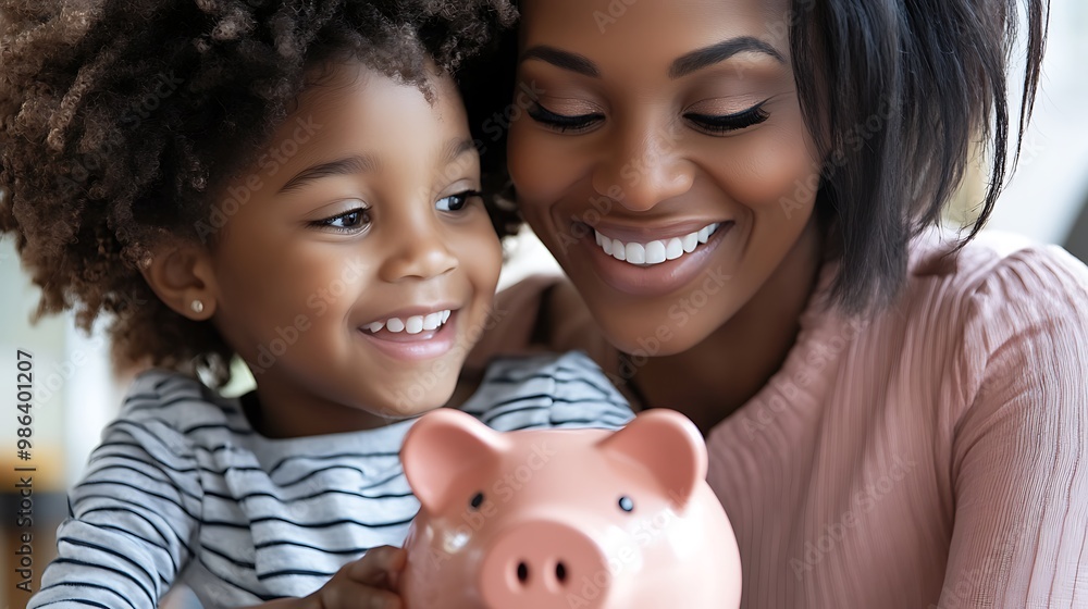 A mother and child joyfully interact while learning about saving with a piggy bank. A mother and child joyfully interact while learning about saving with a piggy bank.