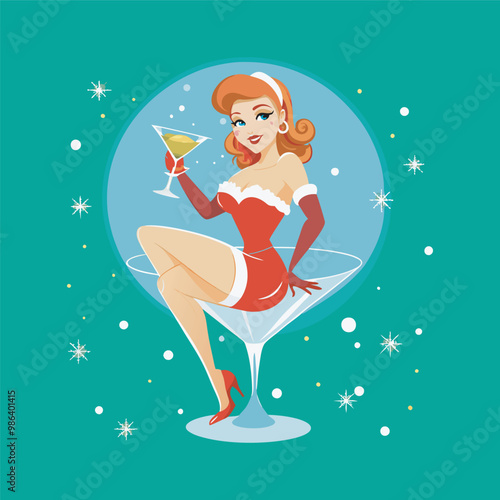 A cute beauty Santa girl vector art illustration . Christmas Girl .