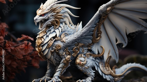 White Dragon Statue with Intricate Gold Details photo