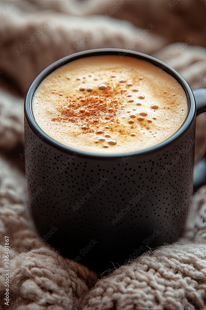 A close-up of coffee in a black mug on a grey knitted blanket, with delicate foam A close-up of coffee in a black mug on a grey knitted blanket, with delicate foam