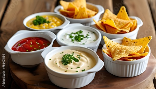 Creamy dips in white bowls with tortilla chips elegantly arranged on a rustic wooden table