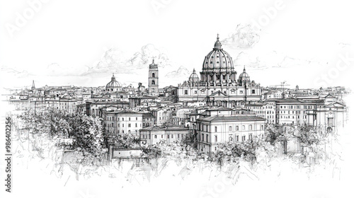 Rome, Italy, black and white pen pencil hand-drawn effect drawing illustration for travel poster, card, wallpaper, backdrop or banner. Modern, clear, artistic and simple