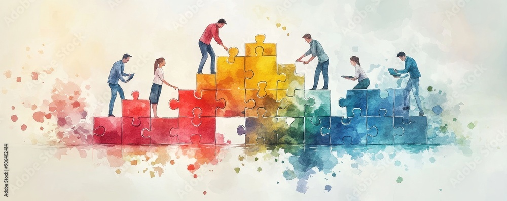 management team building a structure out of puzzle pieces, each representing a different task, with watercolor details adding depth management team building a structure out of puzzle pieces, each representing a different task, with watercolor details adding depth
