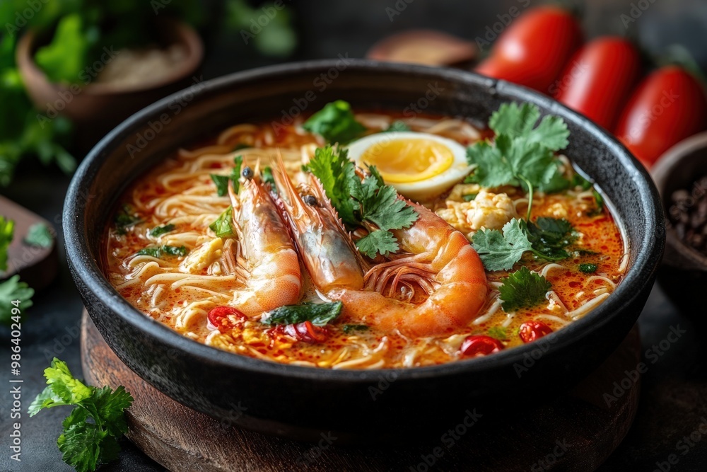Spicy shrimp noodle soup with egg and cilantro in a black bowl. Spicy shrimp noodle soup with egg and cilantro in a black bowl.