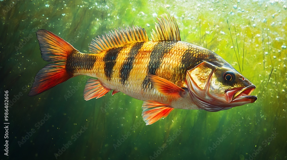 A vibrant underwater scene featuring a striped fish swimming amidst aquatic plants and sunlight. A vibrant underwater scene featuring a striped fish swimming amidst aquatic plants and sunlight.