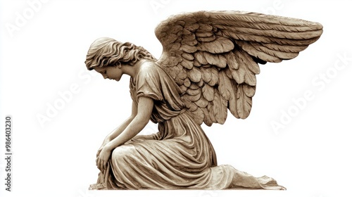 Sepia-toned statue of an angel kneeling with wings spread out behind it transparent background