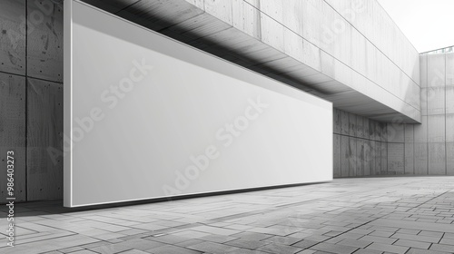 A large white sign is hanging on a wall in a large room