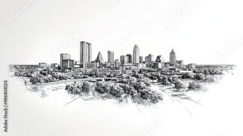 Round Rock, Texas, black and white pen pencil hand-drawn effect drawing illustration for travel poster, card, wallpaper, backdrop or banner. Modern, clear, artistic and simple photo