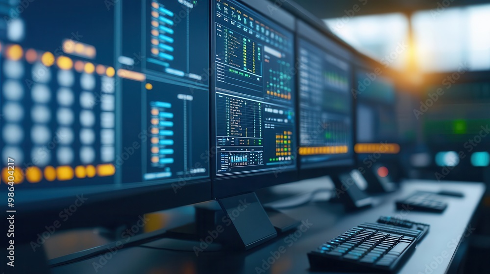 Advanced control room overseeing production line optimization, real-time data driving efficiency Advanced control room overseeing production line optimization, real-time data driving efficiency
