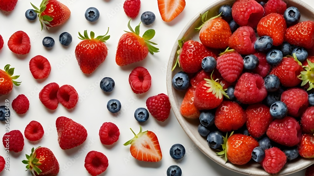 A bowl of fresh strawberries and chocolate surrounded by assorted berries like blueberries, raspberries, and blackberries, creating a sweet and healthy dessert A bowl of fresh strawberries and chocolate surrounded by assorted berries like blueberries, raspberries, and blackberries, creating a sweet and healthy dessert