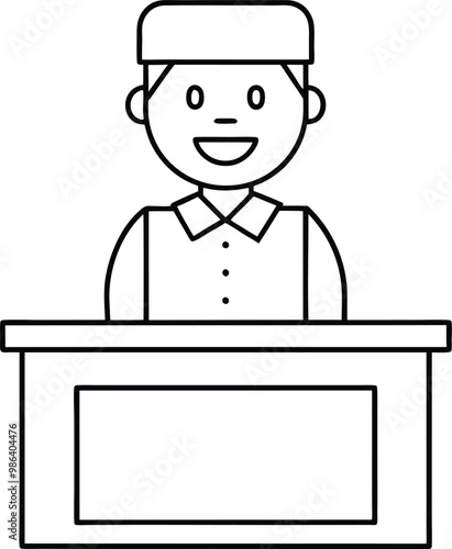 Kids Coloring Page Smiling Clerk at Cashier Desk Vector Illustration 