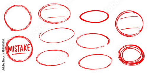  red circles and ovals set reflecting highlight, mistake, exam, note, journalism, teacher, student, performance. doodle red oval set. vector eps circles